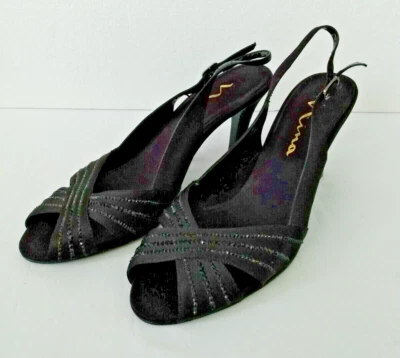 NINA Camille 8 1/2 M Negro Brillo Para Mujer Tacones Cordones Punta Abierta Estrás Foto 1 de 4