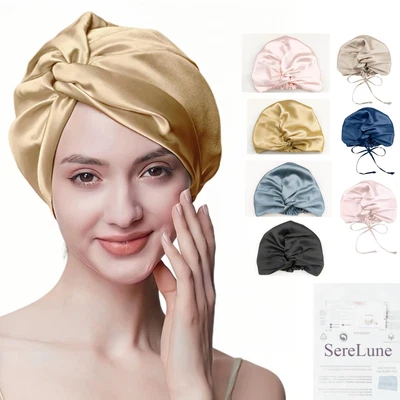 100% Mulberry Silk Bonnet Sleep Cap, Adjustable Double Layer Cap For Sleeping - Image 1 of 4