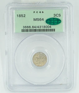 1852 PCGS & CAC MS64 Three Cent Silver Old Green Holder - Picture 1 of 3