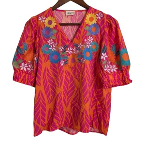 BiBi Women's Floral Embroidered Blouse Top Small Pink Orange Puff Sleeve - Picture 1 of 12