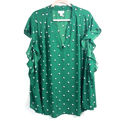 Liz Claiborne Round Ruffle Split Neck Green White Black Polka Dots Blouse Sz 5X - Image 1 of 4