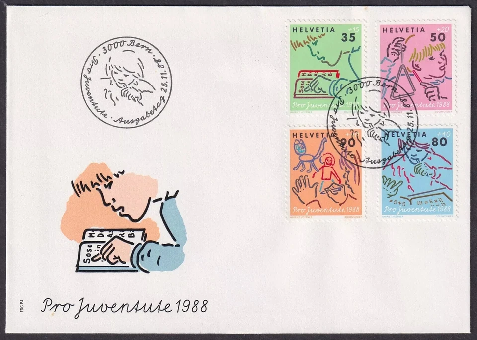 Switzerland 1988 PRO JUVENTUTE SET CHILDREN LEARNING #1381-4 FDC  UNADD - Image 1 of 1