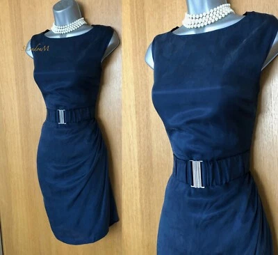 Vestido Karen Millen UK 12 Azul Marino Cupro Volantes Detalle Cinturón Cualquier Ocasión Hasta la Rodilla Foto 1 de 4