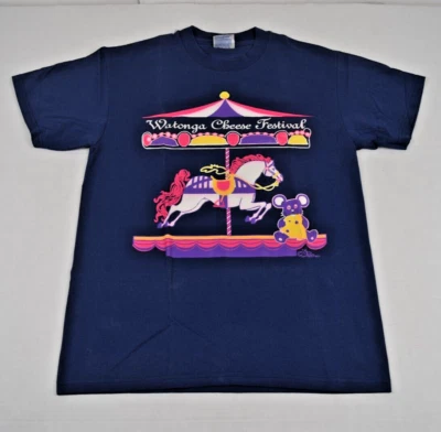 Vintage T-Shirt Watonga Cheese Festival Carousel Size M 90s Navy Blue Hanes - Image 1 of 4