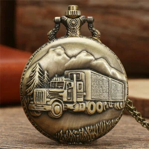 Bronze Truck Steampunk Vintage Men Quartz Pocket Watch Necklace Chain Gift - Picture 1 of 10