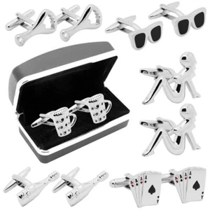 2 Stück Manschettenknöpfe Silbern + Etui Flasche Karten Dame Party Edelstahl  - Bild 1 von 6
