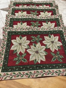 White Poinsettia Christmas Winter Tapestry Placemats Red 13”x18” Set Of 4 Vtg - Picture 1 of 6