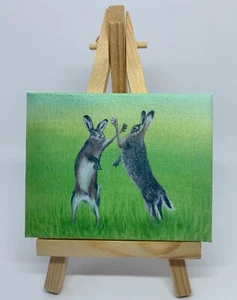 Boxing Hares Printed Mini Art Canvas 7x9cm - Picture 1 of 2