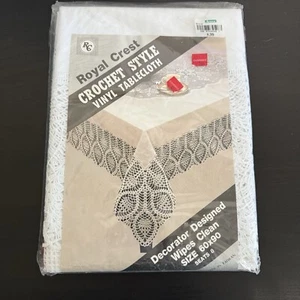 Vintage Royal Crest Tablecloth New Crochet Style Vinyl White Rectangular 60”x90” - Picture 1 of 6