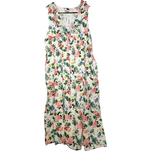 Antiguo Vestido de Maternidad Floral Azul Marino Beige XL Lino Forrado Rayón Sin Mangas Nuevo con Etiquetas - Imagen 1 de 4