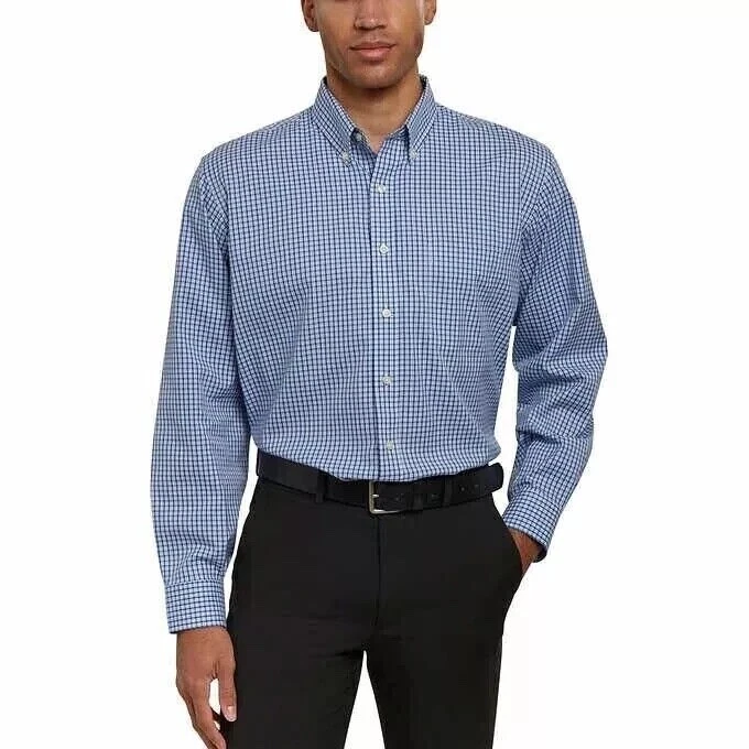 17.5" 36/37 Blue White plaid Kirkland button-collar Dress Shirts