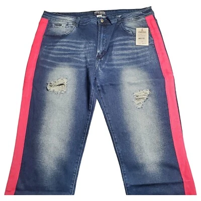 Parish Nation Distressed Dark Navy Blue Jeans Pink Stripe Band 32 34 36 38 40 42 - Image 1 of 4