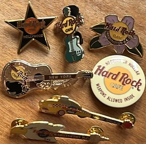 7 Hard Rock Cafe PINS & BUTTON Lot: New York, Wash DC, Hollywood Guitars Logos - Picture 1 of 3