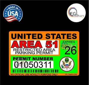 Area 51 License Sticker Permit Funny Decal Bumper Alien UFO Conspiracy Space Usa - Picture 1 of 1