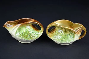 McCoy Pottery Creamer and Sugar Bowl Green Brown Vintage Tea Pair Daisy Pattern - Picture 1 of 8