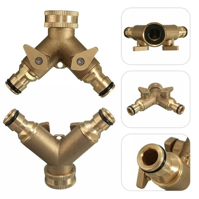 Garden Double Pipe Tap Connector 2 Way Brass Tap Adaptor Twin Hosepipe Splitter - Image 1 of 4