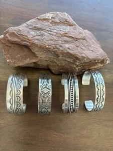 Lot Of 4 Stamped Sterling Silver Bracelets Native Navajo Cuffs Southwest - Picture 1 of 4