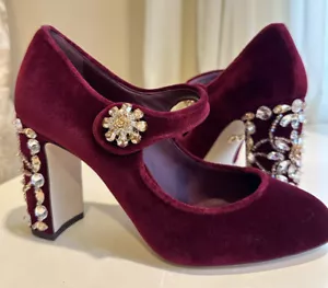 DOLCE & GABBANA Shoes Mary Jane Red Velvet Gold Crystals Heels s 37 IT - Picture 1 of 16