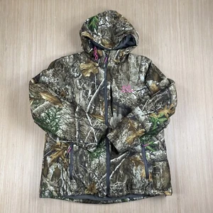 Real Tree Jacket Womens Large Camo Camouflage Puffer Hunting Hooded ZIp Pocket - Picture 1 of 12