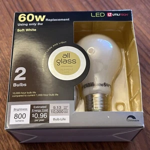 Utilitech LED 60W White Light Bulbs - All Glass - Two Pack - Picture 1 of 4