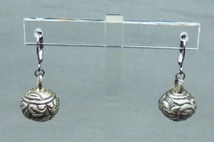 Vintage Silver Drop Dangle Earrings from Old Chinese Buttons - Picture 1 of 4