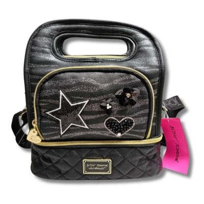 Betsey Johnson Bedazzled Lunch Box Tote Insulated Quilted Black Sequin 9x9x5 - Image 1 of 4