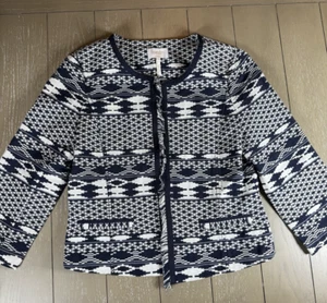 Laundry By Shelli Segal Womens Blazer Sz 8 Navy Blue White Print Aztec Summer - Picture 1 of 12