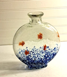 Art Glass Sculpture Vase Fish Bowl Orange Goldfish Blue Spatter Water 8x9.5 inch - Picture 1 of 23