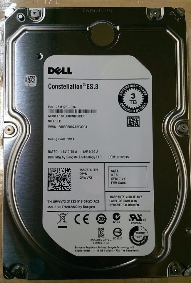 DELL 0RWV72 3TB 7.2K 3.5" SATA  SEAGATE ST3000NM0033 9ZM178-036 Enterprise HDD - Image 1 of 1