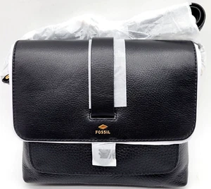 Fossil Women's Black Leather Square Shaped Adjustable Strap Crossbody Bag - Picture 1 of 2