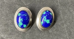 Sterling Silver Azurite Pierced Earrings Mexico Jewelry - Picture 1 of 3