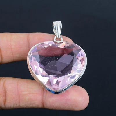 Colgante Joyería Corazón Piedras Preciosas Plata Esterlina 925 Kuncita Rosa 1.7" AAB 843 Foto 1 de 4