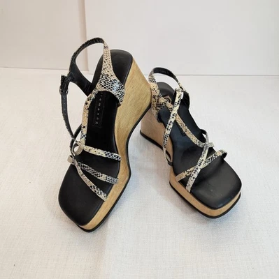 Tacones Ellemenno Gruesos Madera Cuña Plataforma Tirantes Piel de Serpiente Mujer Talla 7.5 Y2K Foto 1 de 4