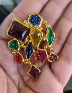 Wunderschöne Brosche lebendig mehrfarbig Harz Cabochon goldfarben Jelly Bauch große Anstecknadel - Bild 1 von 7