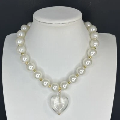 Gripoix Heart Choker Necklace Faux Pearl Gold Tone Clear Lucite 90s Style - Image 1 of 4
