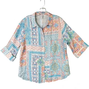 Chicos Shirt Womens Size L 2 No Iron Button Up 3/4 Sleeves Quilted Print - Picture 1 of 8