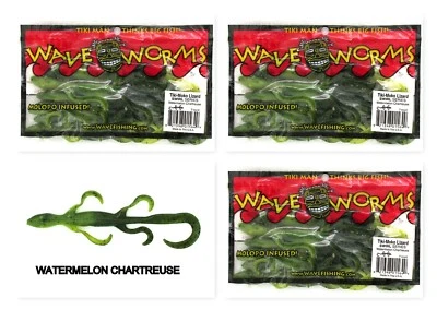 (3) Paquetes sin abrir Plásticos Ondulados 5" Tiki-Moko Lagarto Sandía/Chartreuse Nuevo Foto 1 de 3