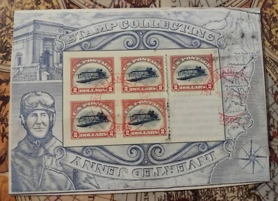 $2 INVERTED JENNY SHEET WITH 5 STAMPS.  USED  TOP STAMP  RIGHT HAS HEAVY INK RUN - Image 1 of 4