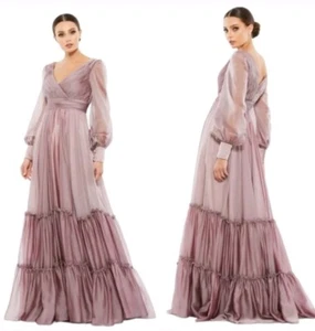 Mac Duggal Size 16 Faux Wrap Illusion Bishop Sleeve Tiered Mocha 678641 Dress - Picture 1 of 13