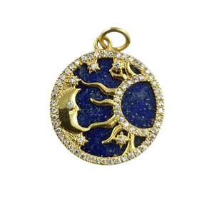 Lapis Lazuli Celestial Charm Pendant, 925 Sterling Silver Diamond Moon Pendant - Picture 1 of 3
