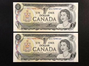 1973 Bank of Canada $1 One Dollar Banknote, UNC, Crow/Bouey, Lot of 2 Notes - Bild 1 von 2