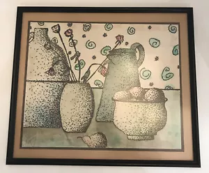 Fruit Bowl Still-Life Etching Coffee pot Ink Wash Color Signed Framed 18x16” - Picture 1 of 12