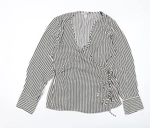H&M Womens Beige Striped Polyester Wrap Blouse Size L V-Neck - Picture 1 of 10