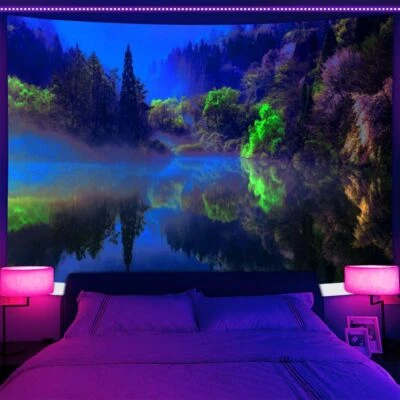 Póster de arte de pared grande de viaje al lago tapiz de luz negra reactivo UV colgante de pared Foto 1 de 4
