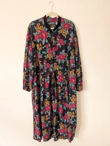 Vintage 90s Whimsigoth Dress 24W Flower Print Earthy Cottage Core Tie Back Asian - Picture 1 of 15