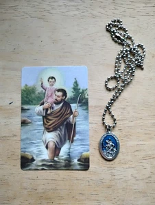 San Cristóbal Pray for Us Plata Azul Esmalte Medalla Cadena Inoxidable + Tarjeta de Oración - Imagen 1 de 4