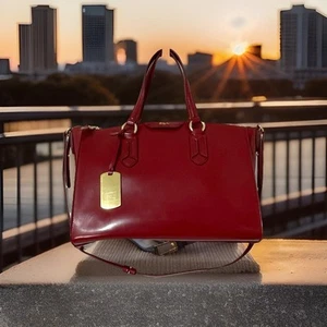 Lauren Ralph Lauren Red Vegan Patent Leather Satchel Crossbody Removable Strap - Picture 1 of 9