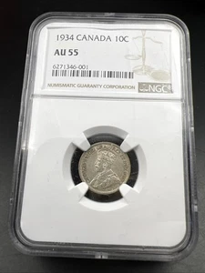 1934 Canada 10c Ten Cents Silver Coin Semi Key Date AU55 NGC Certified - Picture 1 of 9