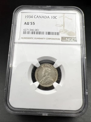 1934 Canada 10c Ten Cents Silver Coin Semi Key Date AU55 NGC Certified - Image 1 of 4