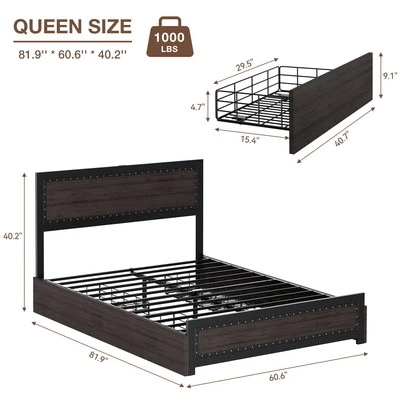Marco de cama tamaño queen completo con cabecero, plataforma metálica con 4 cajones de almacenamiento Foto 1 de 4